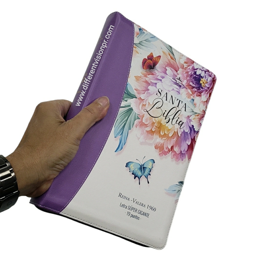 Biblia RV60 con índice y zipper Letra Súper Gigante Imit piel púrpura