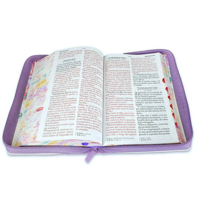 Santa Biblia RVR1960 Letra Gigante con zíper e índice – Cuerina Morada floral