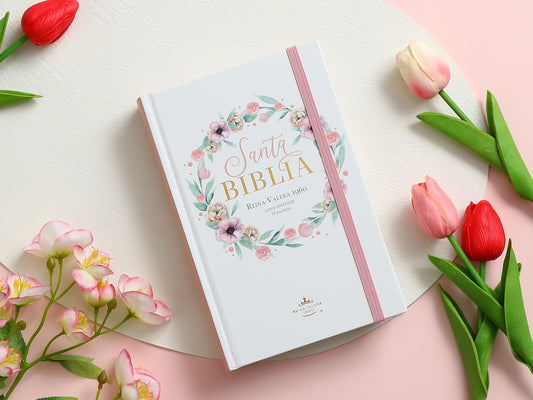 Biblia RVR60 tamaño manual letra grande tapa dura con elástico rosa floral