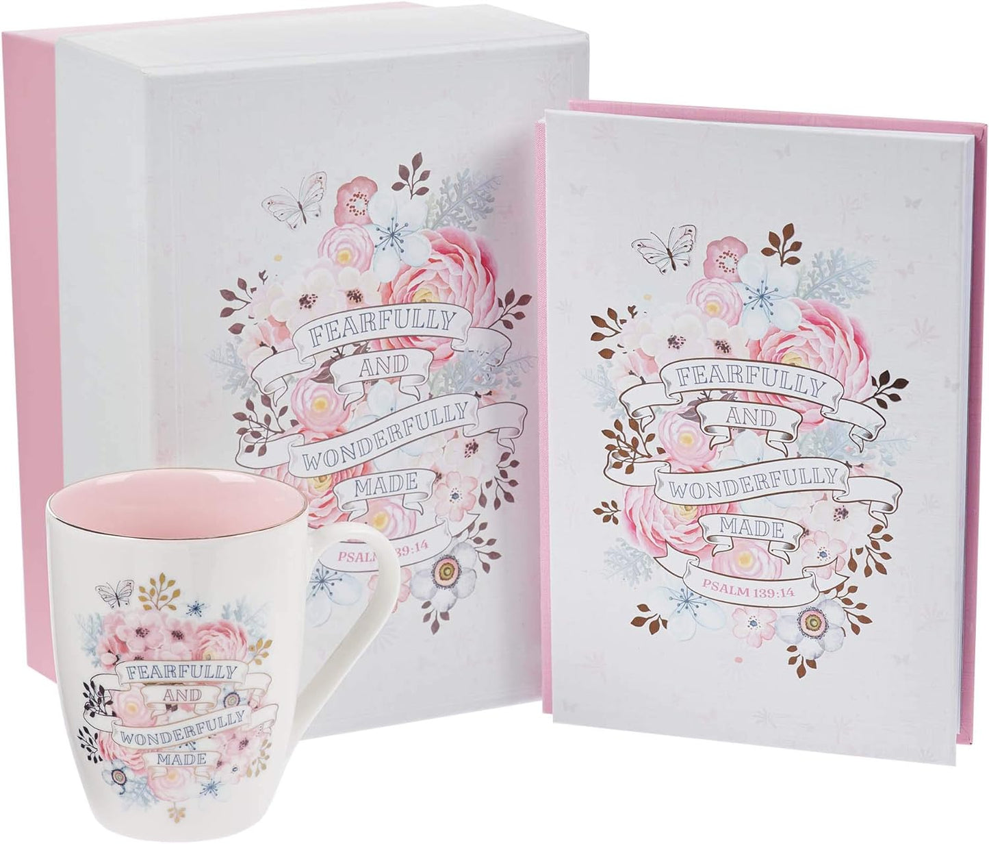 Christian Art Gifts Fearfully and Wonderfully Made - Juego de taza de café y té floral rosa para mujer, Salmo 139:14, versículo bíblico, taza de café inspiradora y cuaderno con escritura, 12 onzas