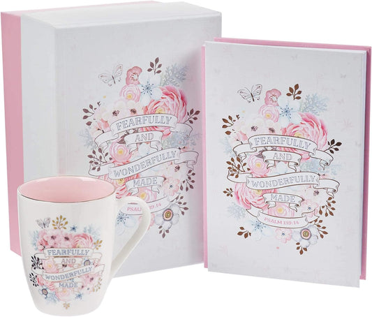 Christian Art Gifts Fearfully and Wonderfully Made - Juego de taza de café y té floral rosa para mujer, Salmo 139:14, versículo bíblico, taza de café inspiradora y cuaderno con escritura, 12 onzas