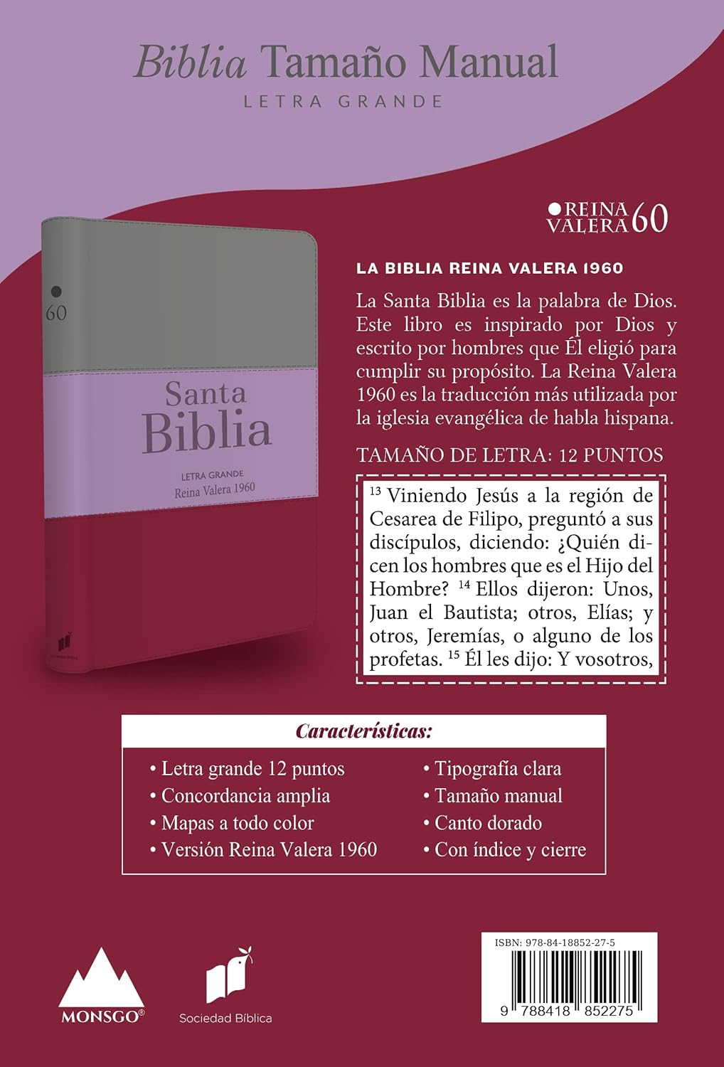 Biblia RVR60 Letra Grande – Tamaño manual / Tricolor: marrón/lila/violeta con indice y cierre