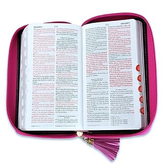 Biblia Chequera para Mujeres RV1960 con indice rosada/fucsia pequeña con lazo y agarradera de mano