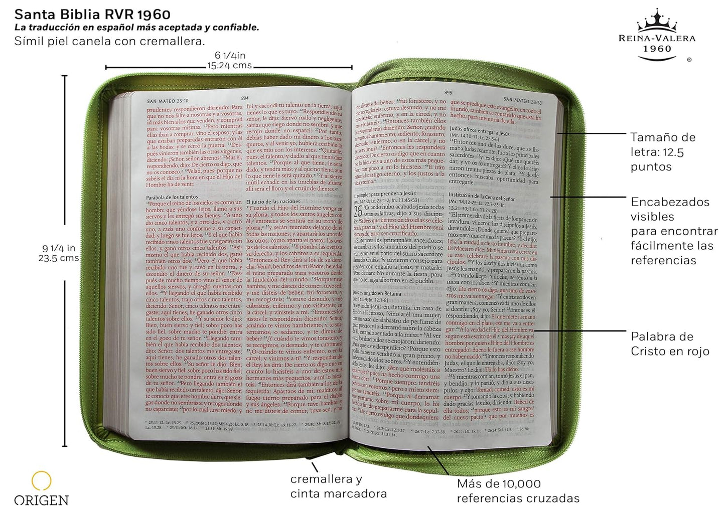 Biblia Reina Valera 1960 Tamaño grande, letra grande piel verde con cremallera