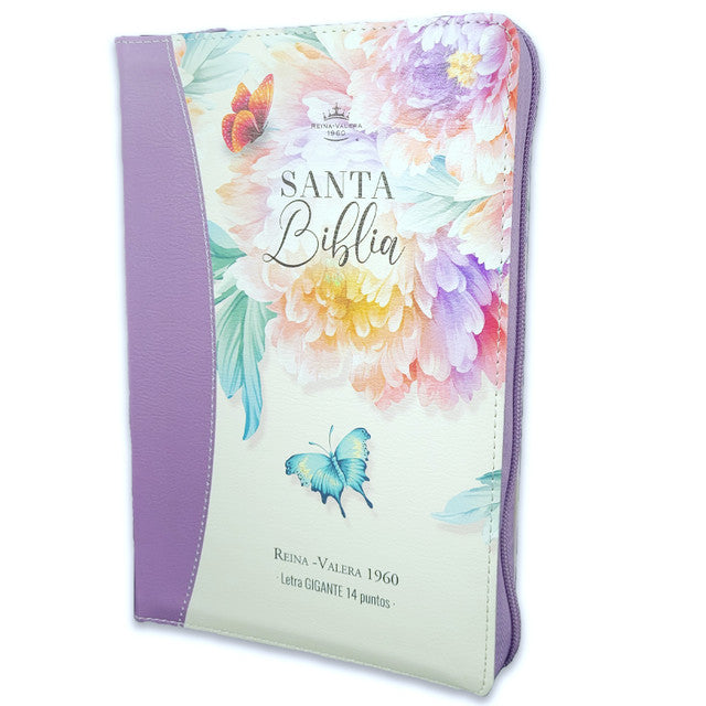 Santa Biblia RVR1960 Letra Gigante con zíper e índice – Cuerina Morada floral