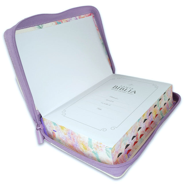 Santa Biblia RVR1960 Letra Gigante con zíper e índice – Cuerina Morada floral
