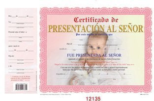 Certificado De Presentacion Al Señor Para Niña (Pqte de 15)